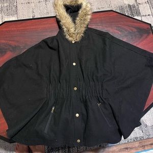 Black Moda International Cape Coat with Fur Hood